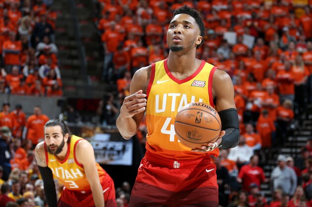SALT LAKE CITY, UT - APRIL 20: Donovan Mitchell #45 of the Utah Jazz shoots a free-throw against the Houston Rockets during Game Three of Round One of the 2019 NBA Playoffs on April 20, 2019 at vivint.SmartHome Arena in Salt Lake City, Utah. NOTE TO USER: User expressly acknowledges and agrees that, by downloading and or using this Photograph, User is consenting to the terms and conditions of the Getty Images License Agreement. Mandatory Copyright Notice: Copyright 2019 NBAE (Photo by Melissa Majchrzak/NBAE via Getty Images)