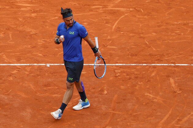Italy's Fabio Fognini reacts during the final tennis match against Serbia's Dusan Lajovic at the Monte-Carlo ATP Masters Series tournament in Monaco on April 21, 2019. (Photo by Valery HACHE / AFP)        (Photo credit should read VALERY HACHE/AFP/Getty Images)