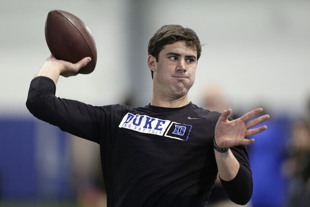 Quarterback Daniel Jones passes the ball during Duke's football Pro Day in Durham, N.C., Tuesday, March 26, 2019. (AP Photo/Gerry Broome)