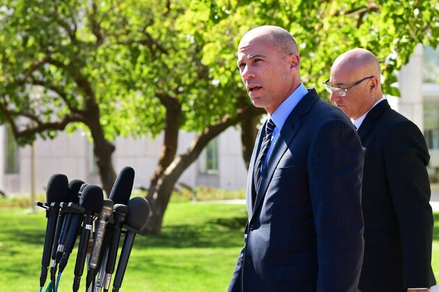 Michael Avenatti gestures while addressing the media outside the Ronald Reagan Federal Courthouse in Santa Ana, California on April 1, 2019, following his appearance at a US District Court on a criminal complaint charging him with bank and wire fraud. (Photo by Frederic J. BROWN / AFP)        (Photo credit should read FREDERIC J. BROWN/AFP/Getty Images)