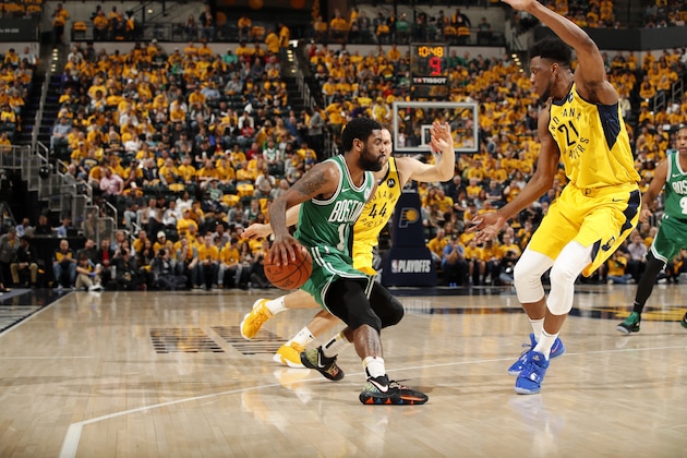 INDIANAPOLIS, IN - APRIL 21: Kyrie Irving #11 of the Boston Celtics handles the ball against the Indiana Pacers during Game Four of Round One of the 2019 NBA Playoffs on April 21, 2019 at Bankers Life Fieldhouse in Indianapolis, Indiana. NOTE TO USER: User expressly acknowledges and agrees that, by downloading and or using this photograph, User is consenting to the terms and conditions of the Getty Images License Agreement. Mandatory Copyright Notice: Copyright 2019 NBAE (Photo by Jeff Haynes/NBAE via Getty Images)