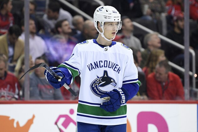Vancouver Canucks center Elias Pettersson (40), of Sweden, stands on the ice during the first period of an NHL hockey game against the Washington Capitals, Tuesday, Feb. 5, 2019, in Washington. (AP Photo/Nick Wass)