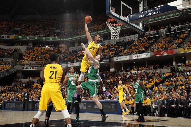 INDIANAPOLIS, IN - APRIL 21: Myles Turner #33 of the Indiana Pacers shoots the ball against the Boston Celtics during Game Four of Round One of the 2019 NBA Playoffs on April 21, 2019 at Bankers Life Fieldhouse in Indianapolis, Indiana. NOTE TO USER: User expressly acknowledges and agrees that, by downloading and or using this photograph, User is consenting to the terms and conditions of the Getty Images License Agreement. Mandatory Copyright Notice: Copyright 2019 NBAE (Photo by Jeff Haynes/NBAE via Getty Images)