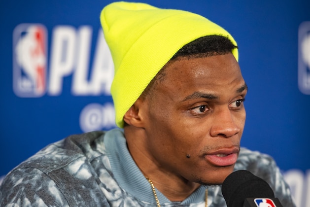 OKLAHOMA CITY, OK - APRIL 19: Russell Westbrook #0 of the Oklahoma City Thunder is interviewed after a game against the Portland Trail Blazers after Round One Game Three of the 2019 NBA Playoffs on April 19, 2019 at Chesapeake Energy Arena in Oklahoma City, Oklahoma. NOTE TO USER: User expressly acknowledges and agrees that, by downloading and or using this photograph, User is consenting to the terms and conditions of the Getty Images License Agreement. Mandatory Copyright Notice: Copyright 2019 NBAE (Photo by Zach Beeker/NBAE via Getty Images)