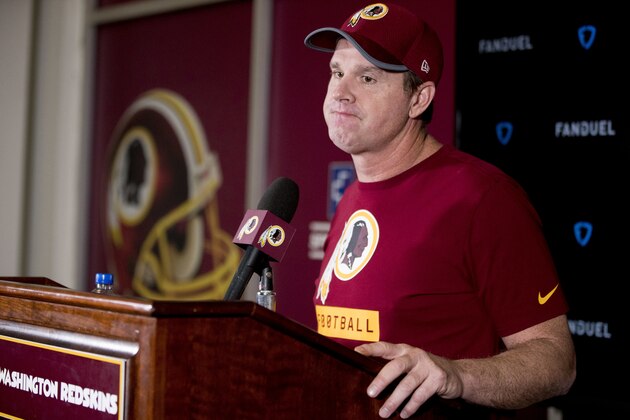 Washington Redskins head coach Jay Gruden listens to a reporter's question during a news conference at Redskins Park, Monday, Dec. 31, 2018, in Ashburn, Va. The Washington Redskins ended their season Sunday with a 24-0 loss to the Philadelphia Eagles. (AP Photo/Andrew Harnik)