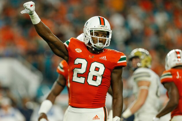 MIAMI GARDENS, FL - NOVEMBER 24:  Michael Jackson #28 of the Miami Hurricanes reacts against the Pittsburgh Panthers at Hard Rock Stadium on November 24, 2018 in Miami Gardens, Florida.  (Photo by Michael Reaves/Getty Images)