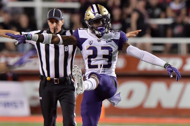 SALT LAKE CITY, UT - SEPTEMBER 15: Jordan Miller #23 of the Washington Huskies celebrates a play which resulted in a Utah Utes incomplete pass in the second half of a game at Rice-Eccles Stadium on September 15, 2018 in Salt Lake City, Utah. The Washington Huskies beat the Utah Utes 21-7. (Photo by Gene Sweeney Jr/Getty Images)