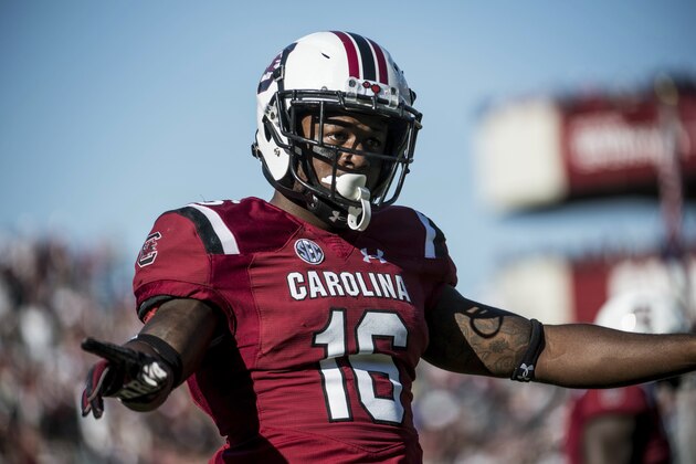 South Carolina defensive back Rashad Fenton (16) reacts to a defensive stop during the second half of an NCAA college football game against Florida on Saturday, Nov. 11, 2017, in Columbia, S.C. South Carolina defeated Florida 28-20. (AP Photo/Sean Rayford)