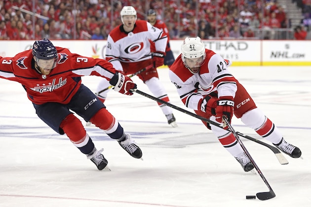 WASHINGTON, DC - APRIL 20: Greg McKegg #42 of the Carolina Hurricanes skates past Nick Jensen #3 of the Washington Capitals in the third period in Game Five of the Eastern Conference First Round during the 2019 NHL Stanley Cup Playoffs at Capital One Arena on April 20, 2019 in Washington, DC. (Photo by Patrick Smith/Getty Images)