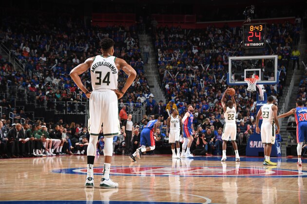 DETROIT, MI - APRIL 20: Giannis Antetokounmpo #34 of the Milwaukee Bucks looks on against the Detroit Pistons during Game Three of Round One of the 2019 NBA Playoffs on April 20, 2019 at Little Caesars Arena in Detroit, Michigan. NOTE TO USER: User expressly acknowledges and agrees that, by downloading and/or using this photograph, user is consenting to the terms and conditions of the Getty Images License Agreement. Mandatory Copyright Notice: Copyright 2019 NBAE (Photo by Chris Schwegler/NBAE via Getty Images)