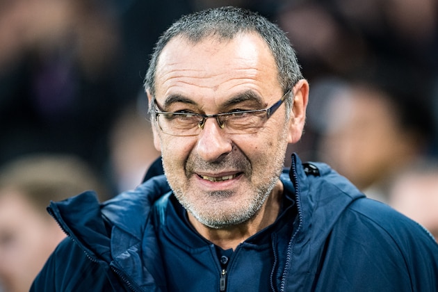 LONDON, ENGLAND - APRIL 18: Maurizio Sarri of Chelsea looks on during the UEFA Europa League Quarter Final Second Leg match between Chelsea and Slavia Praha at Stamford Bridge on April 18, 2019 in London, England. (Photo by Sebastian Frej/MB Media/Getty Images)