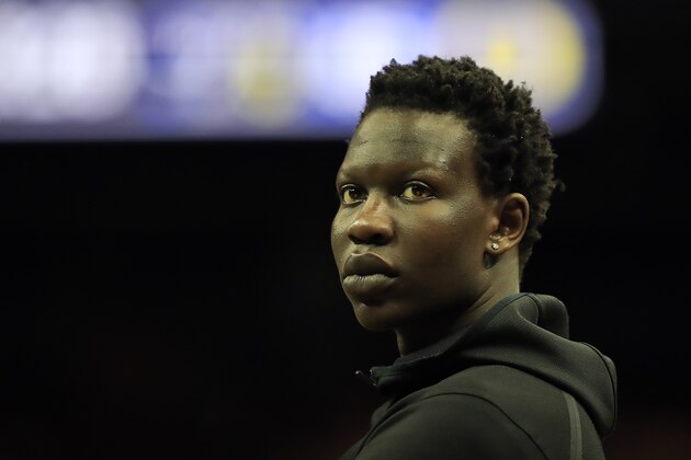 LOUISVILLE, KENTUCKY - MARCH 28:  Bol Bol #1 of the Oregon Ducks looks on from the bench against the Virginia Cavaliers during the second half of the 2019 NCAA Men's Basketball Tournament South Regional at the KFC YUM! Center on March 28, 2019 in Louisville, Kentucky. (Photo by Andy Lyons/Getty Images)
