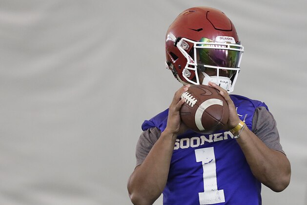Oklahoma quarterback Kyler Murray sets back to pass during an NCAA college football practice Thursday, Dec. 27, 2018, in Davie, Fla. Oklahoma plays Alabama in the Orange Bowl on Dec. 29. (AP Photo/Brynn Anderson)