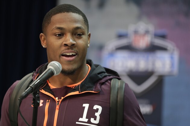 Alabama running back Josh Jacobs speaks during a press conference at the NFL football scouting combine in Indianapolis, Thursday, Feb. 28, 2019. (AP Photo/Michael Conroy)