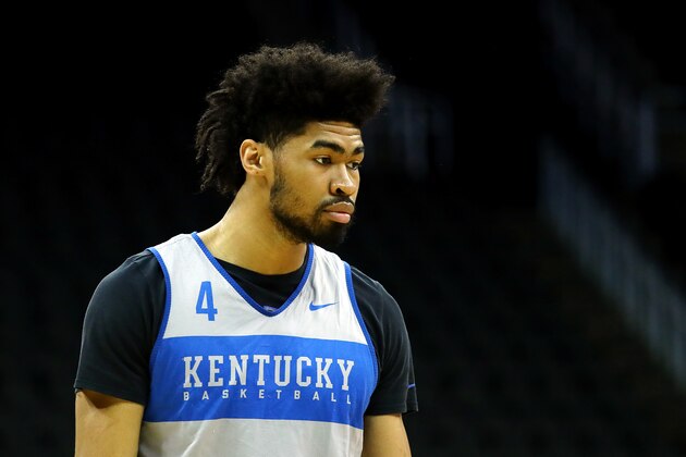 KANSAS CITY, MISSOURI - MARCH 28: Nick Richards #4 of the Kentucky Wildcats looks on during a practice session ahead of the 2019 NCAA Basketball Tournament Midwest Regional at Sprint Center on March 28, 2019 in Kansas City, Missouri. (Photo by Tim Bradbury/Getty Images)