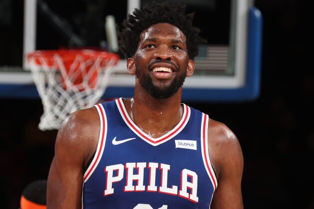 NEW YORK, NY - FEBRUARY 13: Joel Embiid #21 of the Philadelphia 76ers smiles during a game against the New York Knicks on February 13, 2019 at Madison Square Garden in New York City, New York.  NOTE TO USER: User expressly acknowledges and agrees that, by downloading and or using this photograph, User is consenting to the terms and conditions of the Getty Images License Agreement. Mandatory Copyright Notice: Copyright 2019 NBAE  (Photo by Nathaniel S. Butler/NBAE via Getty Images)