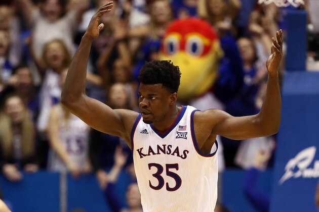 LAWRENCE, KANSAS - DECEMBER 01:  Udoka Azubuike #35 of the Kansas Jayhawks celebrates after scoring during the game against the Stanford Cardinal at Allen Fieldhouse on December 01, 2018 in Lawrence, Kansas. (Photo by Jamie Squire/Getty Images)