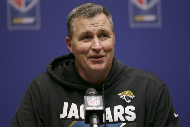 Jacksonville Jaguars head coach Doug Marrone smiles during a news conference after an NFL football game against the Baltimore Ravens at Wembley Stadium in London, Sunday Sept. 24, 2017. The Jaguars won the match 44-7. (AP Photo/Tim Ireland)