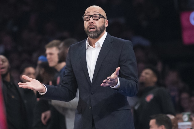 New York Knicks coach David Fizdale gestures during the first half of the team's NBA basketball game against the Detroit Pistons, Wednesday, April 10, 2019, at Madison Square Garden in New York. (AP Photo/Mary Altaffer)