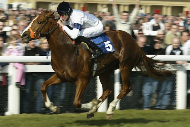 DONCASTER, ENGLAND - MARCH 22:  Richard Hughes brings Tacitus home to land The Mitsubishi Diamond Vision Conditions Stakes Race run at Doncaster Racecourse on March 22, 2003 in Doncaster. (Photo by Julian Herbert/Getty Images)