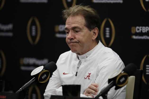 Alabama head coach Nick Saban reacts after the NCAA college football playoff championship game against Clemson, Monday, Jan. 7, 2019, in Santa Clara, Calif. Clemson beat Alabama 44-16. (AP Photo/Ben Margot)