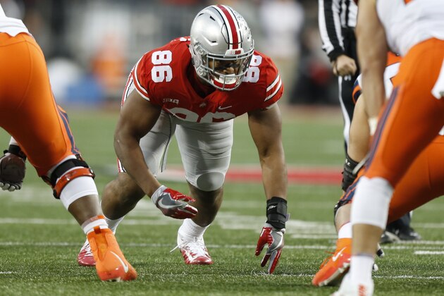 Ohio State defensive lineman Dre'Mont Jones plays against Illinois during an NCAA college football game Saturday, Nov. 18, 2017, in Columbus, Ohio. (AP Photo/Jay LaPrete)