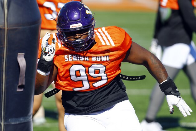 North defensive tackle Khalen Saunders of Western Illinois (99) runs drills during practice for Saturday's Senior Bowl college football game, Thursday, Jan. 24, 2019, in Mobile, Ala. (AP Photo/Butch Dill)