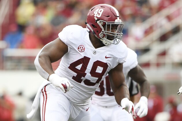 Alabama defensive end Isaiah Buggs against Arkansas in the first half of an NCAA college football game Saturday, Oct. 6, 2018, in Fayetteville, Ark. (AP Photo/Michael Woods)