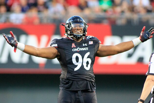 CINCINNATI, OH - SEPTEMBER 15: Cortez Broughton #96 of the Cincinnati Bearcats celebrates after the play in the game against the Alabama A&M Bulldogs at Nippert Stadium on September 15, 2018 in Cincinnati, Ohio. (Photo by Justin Casterline/Getty Images)