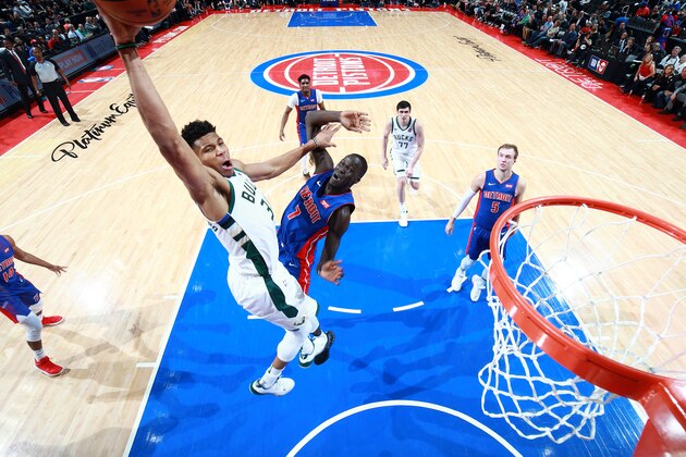 DETROIT, MI - APRIL 22: Giannis Antetokounmpo #34 of the Milwaukee Bucks dunks the ball against the Detroit Pistons during Game Four of Round One of the 2019 NBA Playoffs on April 22, 2019 at Little Caesars Arena in Detroit, Michigan. NOTE TO USER: User expressly acknowledges and agrees that, by downloading and/or using this photograph, user is consenting to the terms and conditions of the Getty Images License Agreement. Mandatory Copyright Notice: Copyright 2019 NBAE (Photo by Brian Sevald/NBAE via Getty Images)