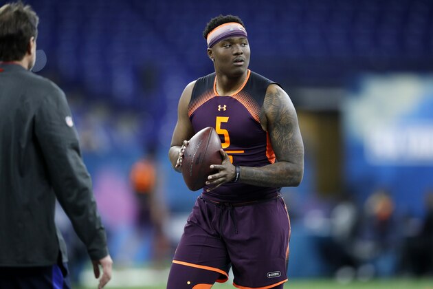 INDIANAPOLIS, IN - MARCH 02: Quarterback Dwayne Haskins of Ohio State looks on during day three of the NFL Combine at Lucas Oil Stadium on March 2, 2019 in Indianapolis, Indiana. (Photo by Joe Robbins/Getty Images)
