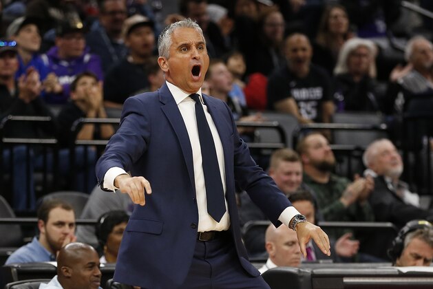 Phoenix Suns coach Igor Kokoskov reacts to a foul called against the team during the second half of an NBA basketball game against the Sacramento Kings on Saturday, March 23, 2019, in Sacramento, Calif. The Kings won 112-103. (AP Photo/Rich Pedroncelli)