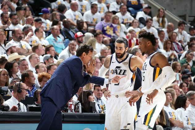 SALT LAKE CITY, UT - APRIL 22: Head Coach Quin Snyder talks to Ricky Rubio #3 and Donovan Mitchell #45 of the Utah Jazz during Game Four of Round One of the 2019 NBA Playoffs against the Houston Rockets on April 22, 2019 at vivint.SmartHome Arena in Salt Lake City, Utah. NOTE TO USER: User expressly acknowledges and agrees that, by downloading and/or using this photograph, user is consenting to the terms and conditions of the Getty Images License Agreement. Mandatory Copyright Notice: Copyright 2019 NBAE (Photo by Melissa Majchrzak/NBAE via Getty Images)