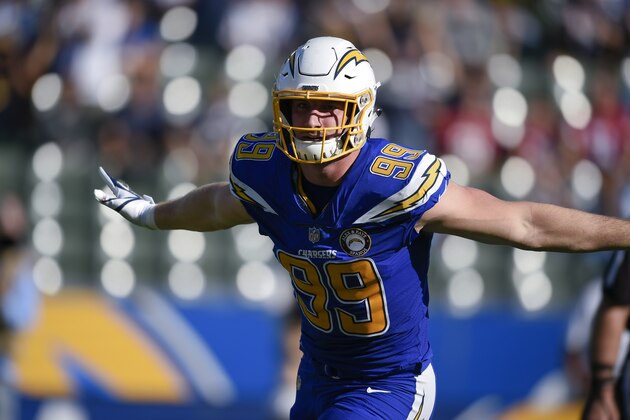 Los Angeles Chargers defensive end Joey Bosa celebrates after sacking Arizona Cardinals quarterback Josh Rosen during the first half of an NFL football game Sunday, Nov. 25, 2018, in Carson, Calif. (AP Photo/Kelvin Kuo )