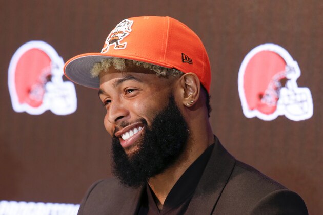 Cleveland Browns' Odell Beckham answers questions during a news conference Monday, April 1, 2019, in Berea, Ohio. (AP Photo/Ron Schwane)