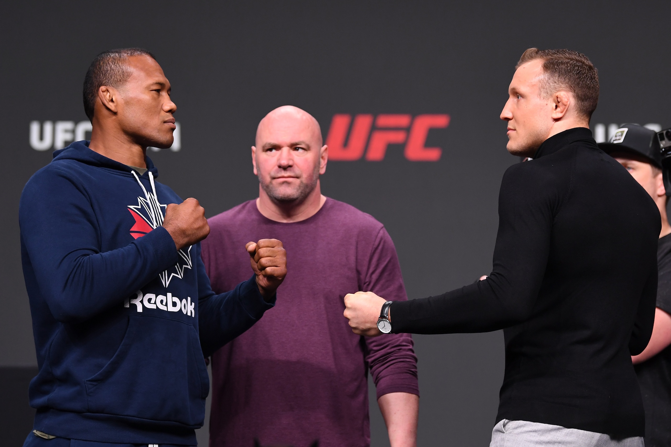 ATLANTA, GA - APRIL 12:  (L-R) Jacare Souza of Brazil and Jack Hermansson of Norway face off during the UFC Seasonal Press Conference inside State Farm Arena on April 12, 2019 in Atlanta, Georgia. (Photo by Josh Hedges/Zuffa LLC/Zuffa LLC via Getty Images)