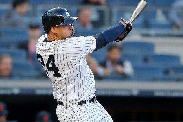 NEW YORK, NY - APRIL 03:  (NEW YORK DAILIES OUT)   Gary Sanchez #24 of the New York Yankees in action against the Detroit Tigers at Yankee Stadium on April 3, 2019 in the Bronx borough of New York City. The Tigers defeated the Yankees 2-1.  (Photo by Jim McIsaac/Getty Images)
