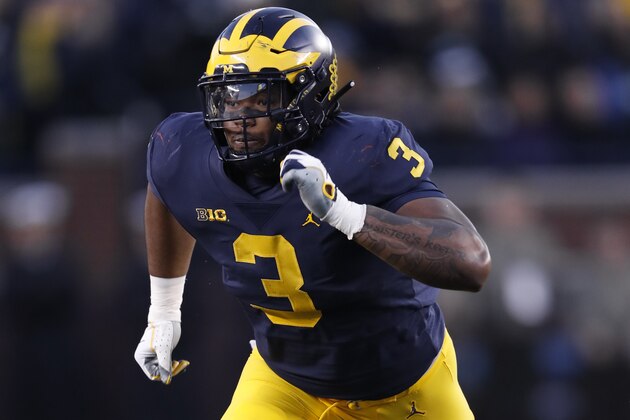 Michigan defensive lineman Rashan Gary plays against Penn State in the second half of an NCAA college football game in Ann Arbor, Mich., Saturday, Nov. 3, 2018. (AP Photo/Paul Sancya)