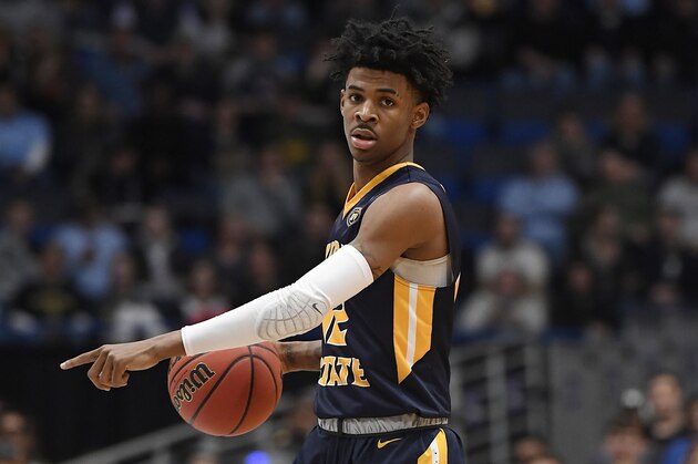 Murray State's Ja Morant (12) during the second half of a second round men's college basketball game in the NCAA tournament, Saturday, March 23, 2019, in Hartford, Conn. (AP Photo/Jessica Hill)