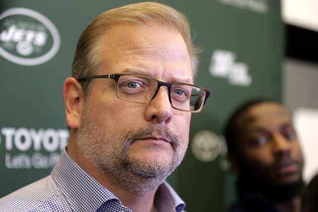 New York Jets general manager Mike Maccagnan speaks to reporters in Florham Park, N.J., Monday, Dec. 31, 2018. After firing Todd Bowles on Sunday night, the New York Jets are focused on bringing in someone who will be able to lead a franchise that has missed the playoffs for eight straight seasons but has a promising young quarterback in Sam Darnold and expects to be busy in free agency this offseason. (AP Photo/Seth Wenig)