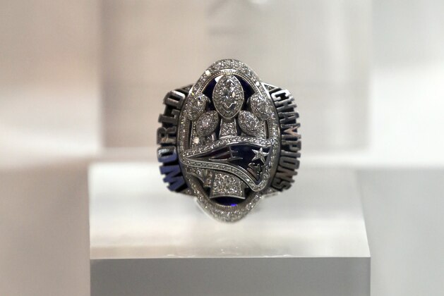 The New England Patriots Super Bowl LI ring is seen at the Super Bowl Rings exhibit at the 2018 NFL Scouting Combine Experience on Thursday, March 1, 2018, in Indianapolis. (AP Photo/Gregory Payan)