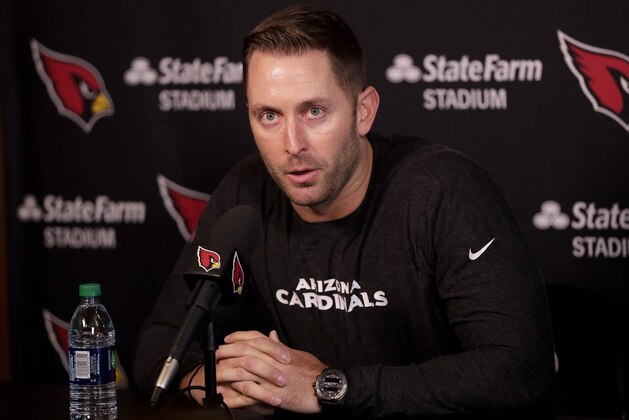Arizona Cardinals head coach Kliff Kingsbury discusses the upcoming NFL football draft during a news conference, Tuesday, April 16, 2019, in Tempe, Ariz. (AP Photo/Matt York)
