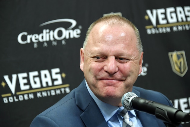 LAS VEGAS, NEVADA - APRIL 01:  Head coach Gerard Gallant of the Vegas Golden Knights takes questions during a news conference following the team's 3-1 victory over the Edmonton Oilers at T-Mobile Arena on April 1, 2019 in Las Vegas, Nevada.  (Photo by Ethan Miller/Getty Images)