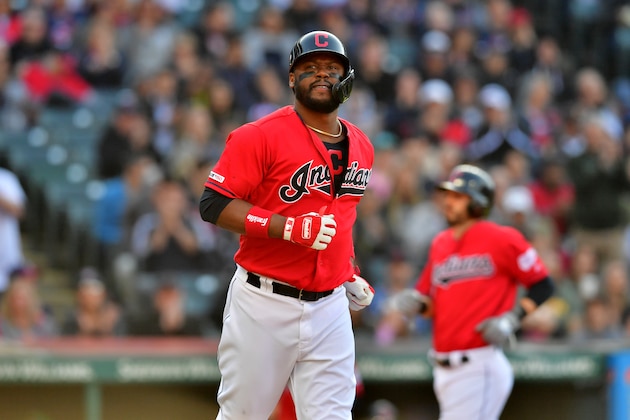 CLEVELAND, OHIO - APRIL 06: Hanley Ramirez #13 of the Cleveland Indians walks to first during the third inning against the Toronto Blue Jays at Progressive Field on April 06, 2019 in Cleveland, Ohio. (Photo by Jason Miller/Getty Images)