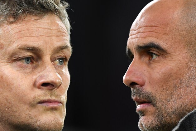 FILE PHOTO (EDITORS NOTE: COMPOSITE OF IMAGES - Image numbers 1074604018,1141519827 - GRADIENT ADDED) In this composite image a comparison has been made between Ole Gunnar Solskjaer, Manager of Manchester United (L) and Josep Guardiola, Manager of Manchester City. Manchester United and Manchester City meet in a Premier League fixture on April, 24, 2019 at Old Trafford in Manchester. ***LEFT IMAGE*** CARDIFF, WALES - DECEMBER 22: Ole Gunnar Solskjaer, Interim Manager of Manchester United looks on before the Premier League match between Cardiff City and Manchester United at Cardiff City Stadium on December 22, 2018 in Cardiff, United Kingdom. (Photo by Stu Forster/Getty Images) ***RIGHT IMAGE*** LONDON, ENGLAND - APRIL 09: Josep Guardiola, Manager of Manchester City looks on prior to the UEFA Champions League Quarter Final first leg match between Tottenham Hotspur and Manchester City at Tottenham Hotspur Stadium on April 09, 2019 in London, England. (Photo by Dan Mullan/Getty Images)