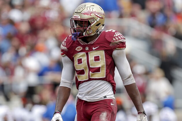 TALLAHASSEE, FL - NOVEMBER 24: Defensive End Brian Burns #99 of the Florida State Seminoles during the game against the Florida Gators at Doak Campbell Stadium on Bobby Bowden Field on November 24, 2018 in Tallahassee, Florida. The #11 Ranked Florida Gators defeated the Florida State Seminoles 41 to 14. (Photo by Don Juan Moore/Getty Images)