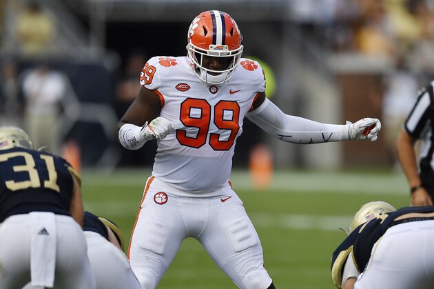 Clemson defensive end Clelin Ferrell (99) works against Georgia Tech during the first half of an NCAA college football game, Saturday, Sept. 22, 2018, in Atlanta. (AP Photo/Mike Stewart)