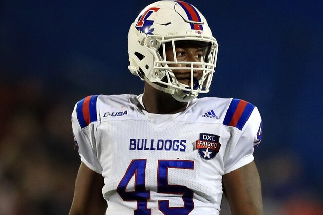 FRISCO, TX - DECEMBER 20:  Jaylon Ferguson #45 of the Louisiana Tech Bulldogs during the 2017 DXL Frisco Bowl on December 20, 2017 in Frisco, Texas.  (Photo by Ronald Martinez/Getty Images)