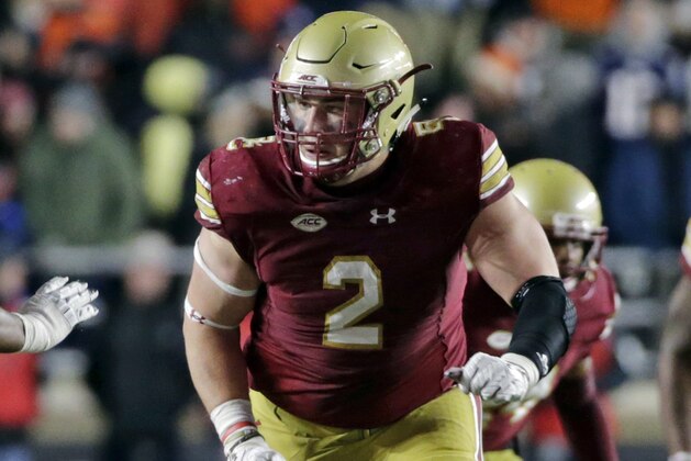 Boston College defensive end Zach Allen (2) moves during an NCAA college football game against Clemson, Saturday, Nov. 10, 2018, in Boston. (AP Photo/Elise Amendola)