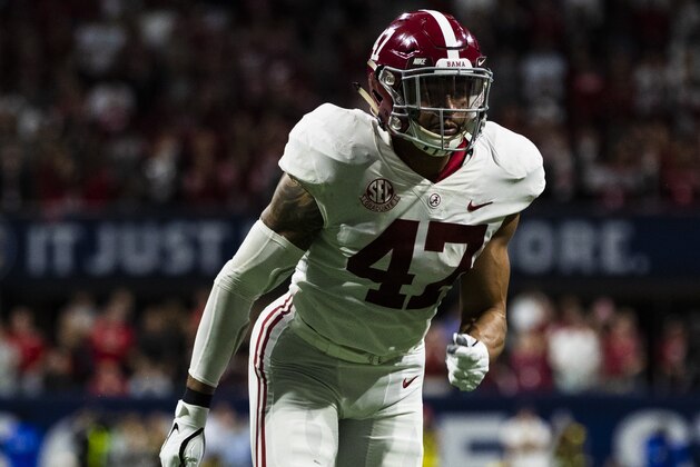 Alabama Crimson Tide linebacker Christian Miller (47) during the Southeastern Conference Championship NCAA college football game against the Georgia Bulldogs on Saturday, Dec. 1, 2018 in Atlanta. (Ric Tapia via AP)